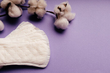 Woman hygiene protection and menstruation concept. Sanitary pads and cotton on purple background