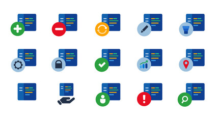 Programming coding code editor software application development icon set collection blue vector