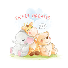 sweet dreams slogan with cartoon animals sleeping illustration