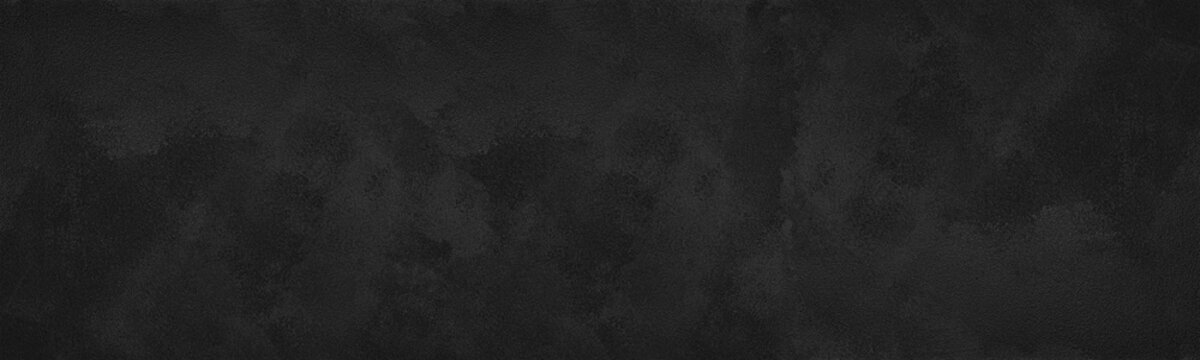 Black plaster wide panoramic texture. Dark gloomy grunge abstract textured background