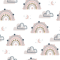 Hand drawn rainbow and clouds in boho style. Seamless pattern with cute rainbow and clouds. Design for background, wallpaper, wrapping, fabric, apparel and all your creative projects