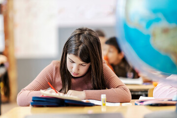 A schoolgirl writing down in textbook and following geography lecture on class.