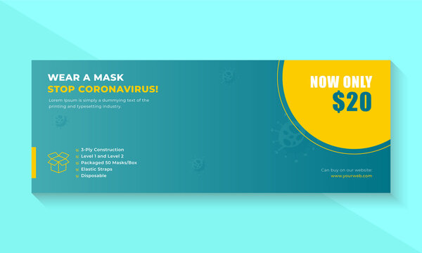 Facebook cover page timeline web ad banner template with photo place modern layout sky blue background and yellow shape and text design for coronavirus.