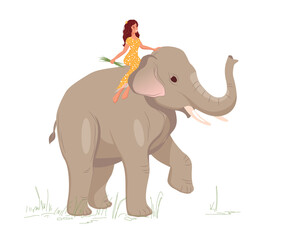 Woman is sitting on an elephant, walking and feeding grass to a large elephant