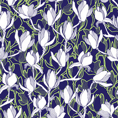 Floral vector background. Hand drawn flowers. Painted magnolia blossom seamless pattern, branches, flowers, leaves and buds. Modern fashion fabric print.