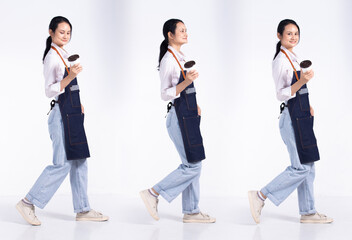 Fototapeta premium Full length 20s young Mix Race Barista shop restaurant Woman, walking forward left right