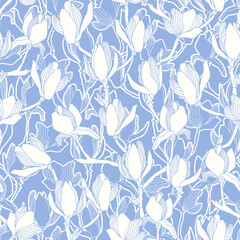 Floral vector background. Hand drawn flowers. Painted magnolia blossom seamless pattern, branches, flowers, leaves and buds. Modern fashion fabric print.