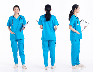 Full length 20s young Mix Race hospital nurse Woman, 360 front side rear back view