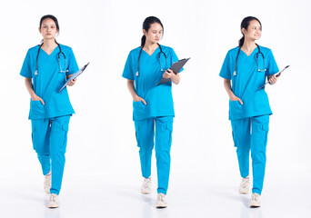 Full length 20s young Mix Race hospital nurse Woman, walking forward left right step