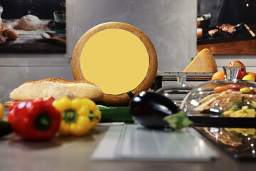 head of cheese mock-up on the kitchen table with vegetables