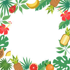Fototapeta na wymiar Bright tropical background with tropical palm leaves, pineapple and tropical flowers. Vector illustration with an empty space for text.