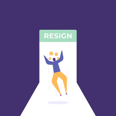 resign for success, resign for freedom. out of work to be free. stop working to be happy. a man who is happy because he has quit his job. former employee. flat cartoon illustrations. design concept