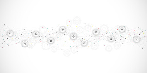 Information technology background with infographic elements and flat icons. Digital technology, network connection and communication concept. Vector illustration