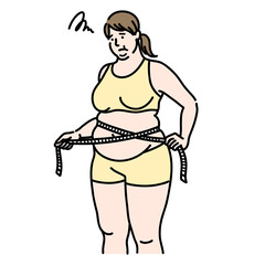 メジャーをお腹に当てて悩んでいる太った若い女性