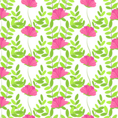 Summer pattern, pink wildflowers and green lives, white background. Seamless pattern, hand drawn, vector.