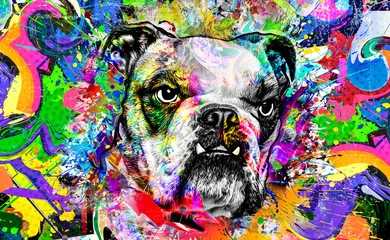 Poster colorful artistic dog muzzle with bright paint splatters on white background. © reznik_val