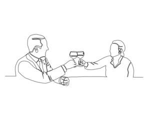 Continuous line of man and woman cheering with glass of wine. cheer with beverage celebration vector.