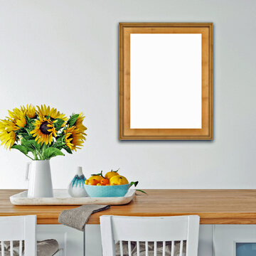 3D Illustration - A room with a table, a pot of sun flowers, a bowl with fruits and an empty frame for an artwork.