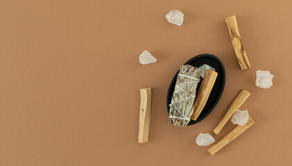 Palo Santo sticks, white sage and natural crystals. Set of incense for fumigation. Meditation,...