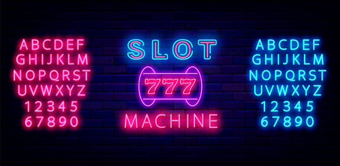 Slot machine neon sign. Shiny ble and pinl alphabet. Casino concept. Jackpot. Vector stock illustration