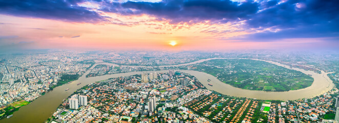 Top view aerial of a Ho Chi Minh City, Vietnam with development buildings, transportation, energy...