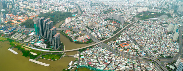 Top view aerial of a Ho Chi Minh City, Vietnam with development buildings, transportation, energy...