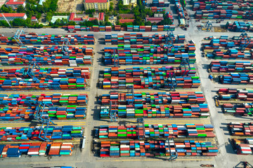 Aerial view of Cat Lai port with cargo ship and container Ho chi Minh city, Vietnam. The port is an...