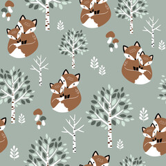 Seamless vector pattern with hand drawn fox family, cute baby fox and trees. Woodland nursery illustration. Perfect for textile, wallpaper or print design. © MirabellePrint