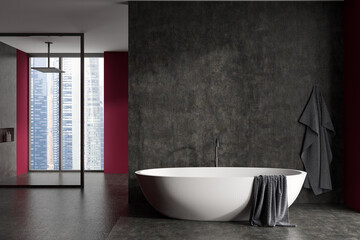 Fototapeta na wymiar Bright bathroom interior with bathtub, shower and panoramic window