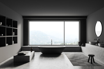 Grey bathroom interior with bathtub, shelf with decoration and sink, window