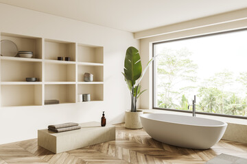 Fototapeta na wymiar Light bathroom interior with bathtub, shelf with decoration, window