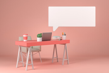 Workspace with laptop and books, text mockup bubble