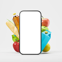 Phone and fresh eco products, light grey background. Mockup screen