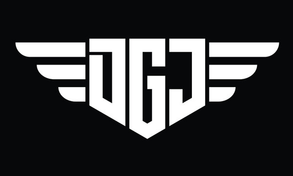 DGJ three letter logo, creative wings shape logo design vector template. letter mark, wordmark, monogram symbol on black & white.