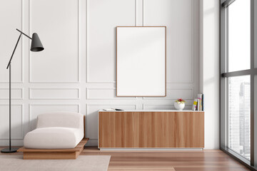 Stylish chill interior with armchair and sideboard, window and mockup frame