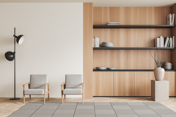 Fototapeta na wymiar Light relax interior with two chairs and shelf, mockup wall