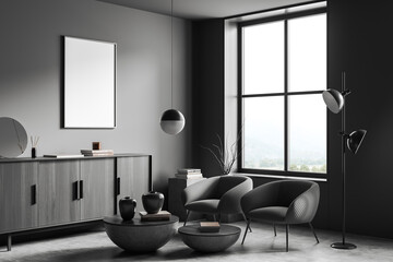 Chill interior with seats and drawer, panoramic window and mockup frame