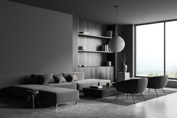 Grey relax interior with couch, chairs and shelf near panoramic window, mockup