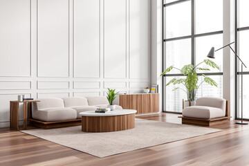 Light living room interior with sofa and coffee table, drawer near window