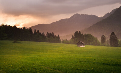Cottage on a dramatic evening with dandelions