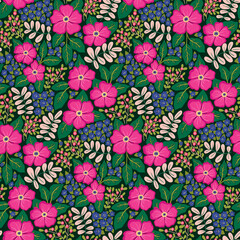 Seamless pattern with old-fashioned meadow, hand drawn plants on a green field. Vintage floral print, ornate botanical background with wild flowers, leaves and herbs. Vector illustration.