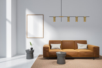 Stylish relax interior with couch and coffee table, mockup frame