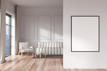 Fototapeta na wymiar Stylish relax interior with sofa and armchair near window, mockup poster