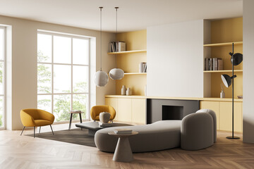 Naklejka na ściany i meble Stylish relax interior with couch and armchairs, shelf with decoration, fireplace and mockup