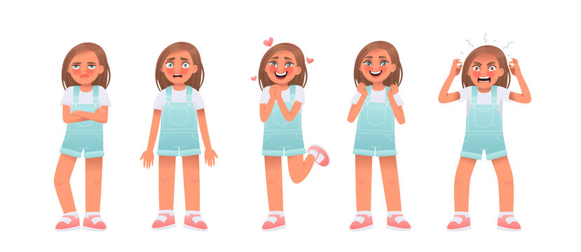Little girl character set. The child expresses emotions resentment and confusion, love and joy, anger