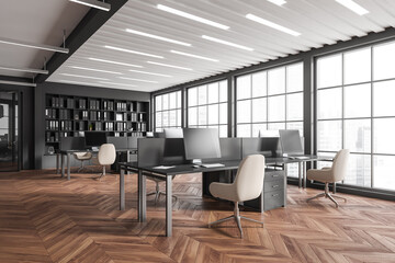 Business interior with computer, table and panoramic window on city view