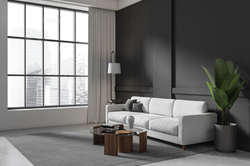 Fototapeta na wymiar Grey living room interior with sofa and coffee table, panoramic window