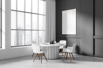Grey dining room interior with seats and table, panoramic window and mockup poster