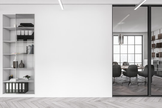 Light office interior with armchair and board, window and shelf. Mockup wall