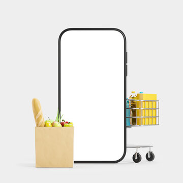 Phone And Shopping Cart And Fresh Products, Light Grey Background. Mockup Screen